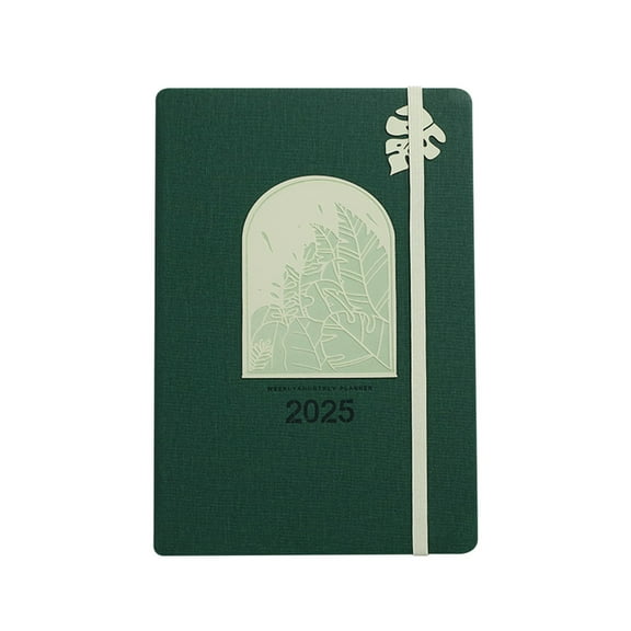 Green 2025 Monstera Embossed Planner Notebook Weekly Monthly Schedule Organizer With Bookmark For Students Office Use Travel Journal Daily Calendar A5 Size Lined Paper