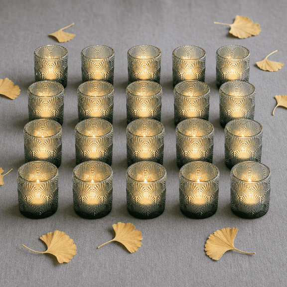Green 24 Count Glass Votive Candle Holders Ginkgo Leaf Party Decor