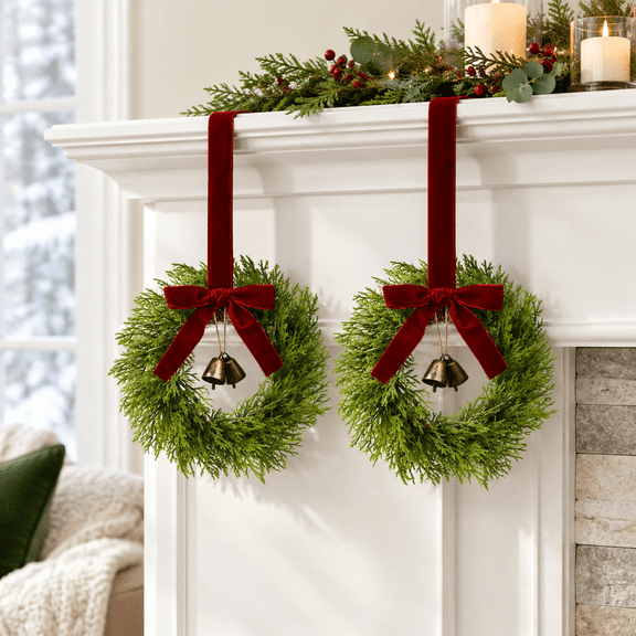Green-2pc Minimas Cedar Wreath Set, 12 Inch Small Wreaths for Indoor Home Decor