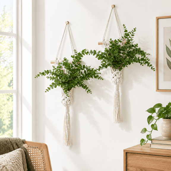 Green 2pcs Macrame Wall Hanging Planters with LED Lights Boho Woven Plant Holders
