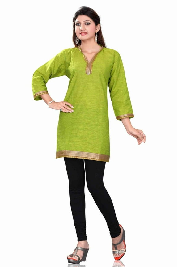 Green 3/4 sleeve Indian Cotton Kurti/Tunic with Golden neckline-Large