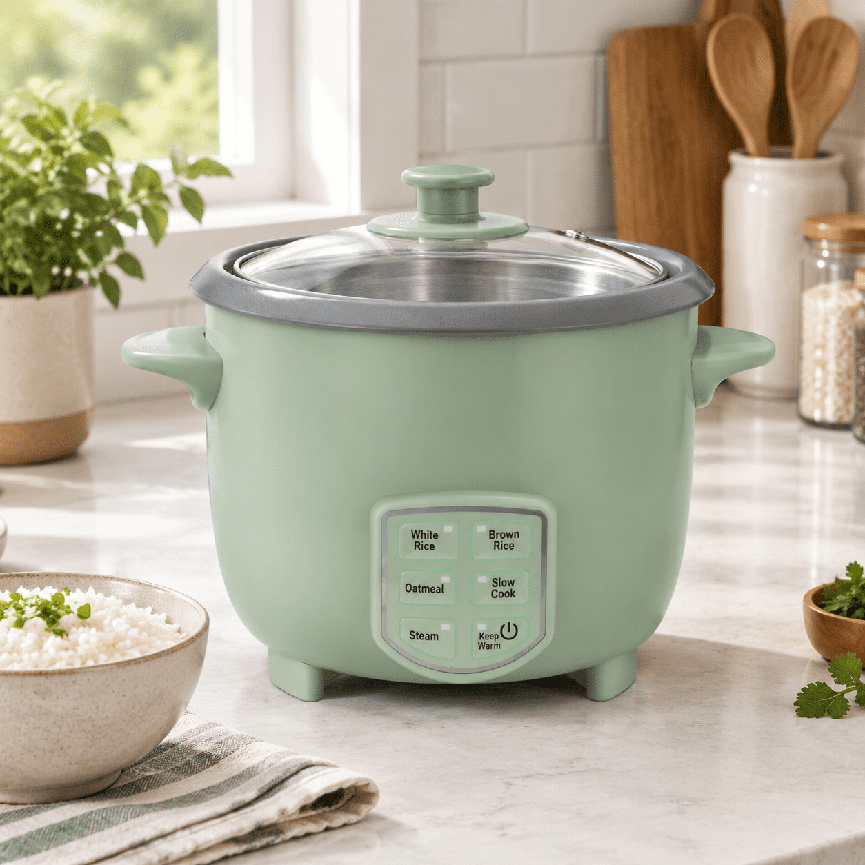 Steamed Rice Kitchen Green 3 Cup Uncooked / 6 Cup Cooked Electric Rice Cooker with Steamer ...
