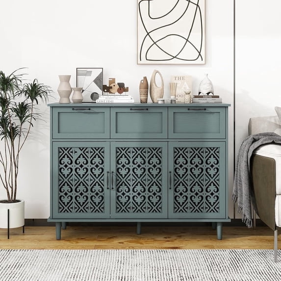 LFGUIZO 47″Green Bohemia Sideboard with 3 Drawers 3 Doors and 2 Adjustable Shelves Modern Accent Storage Cabinet for Dining Room Living Room TV Stand