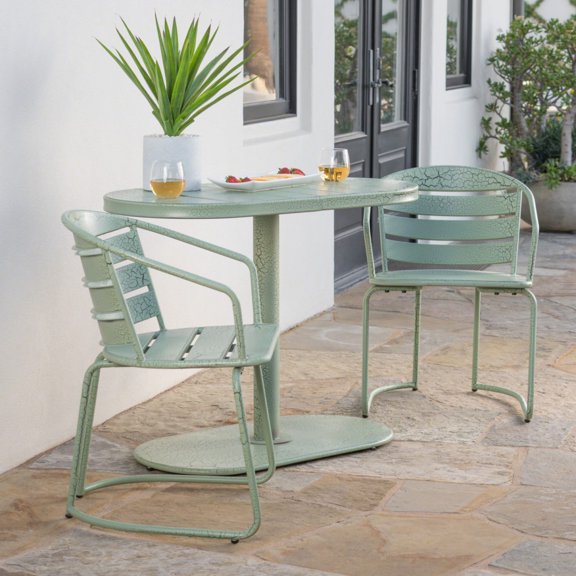 Green 3 Piece Santa Monica Iron Outdoor Bistro Set with Oval Table and Chairs for Patio Garden Backyard