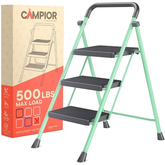 Green 3 Step Stool Foldable – Heavy-Duty Foldable Step Stool, 500 lbs Capacity, Anti-Slip Feet & Wide Steps, Sturdy Steel Frame, Lightweight & Space-Saving Design for Home, Kitchen & Garage