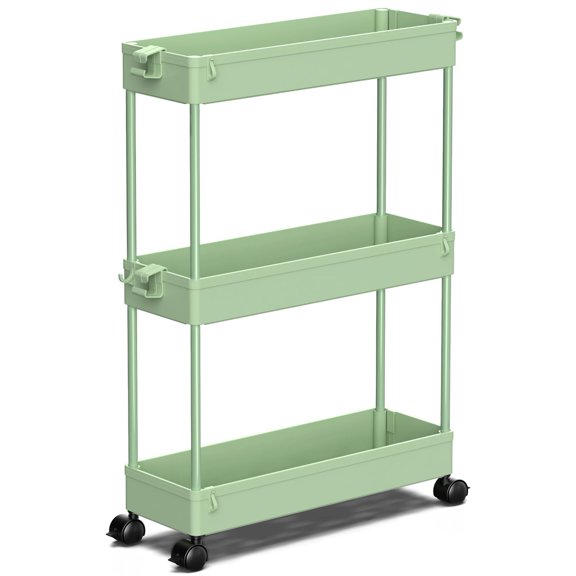 Green 3 Tier Slim Rolling Utility Storage Cart For Narrow Home Spaces