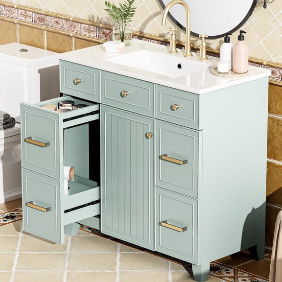 Green 36" Bathroom Vanity | Easy - to - Assemble and Elegant Handles | Ceramic Sink for Stain Resistance | Powerful Storage for Towels