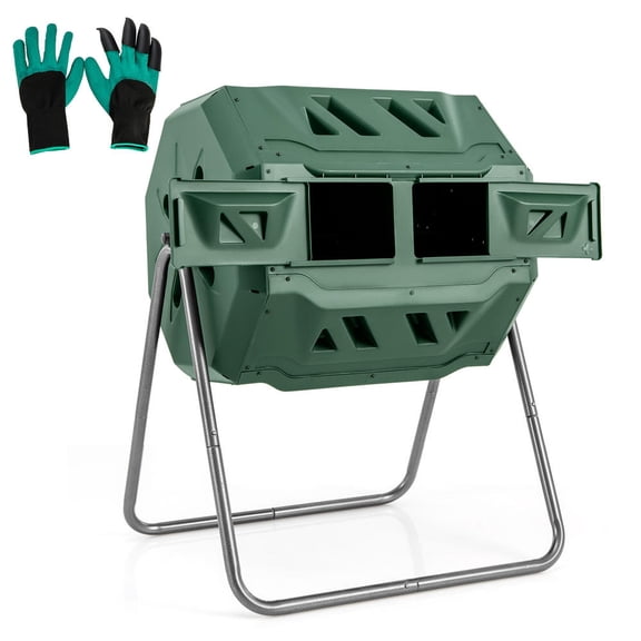 Green 360 Degree Rotating Tumbling Composter with Dual Chambers and 2 Sliding Doors