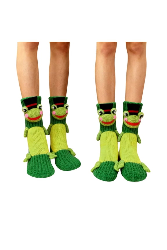 Green 3D Cartoon Anti Slip Wool Socks Floor Socks For Women Winter Warm Knitted Socks Polyester Material Free Size 9.06-9.45 Inch Foot Length Frog Green