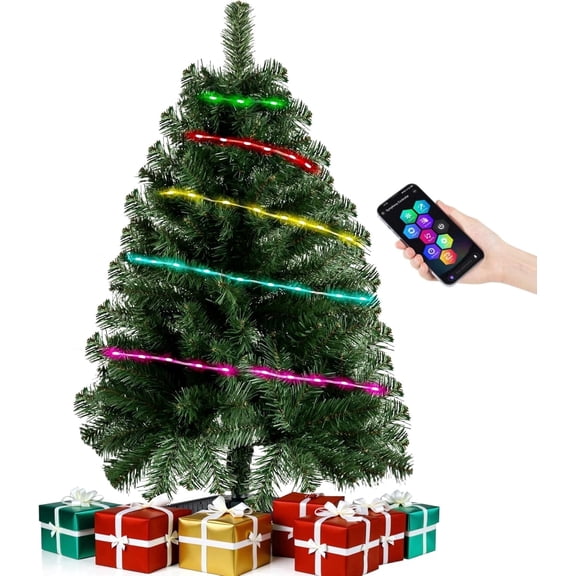 Green 3ft Christmas Tree with Lights, Small 36inch Artificial Tree Mini Table Top Decorations, Xmas Desk Tree with 80 Colored Lights, 200 Branch, Holiday Decor for Home,Indoor Office Tabletop