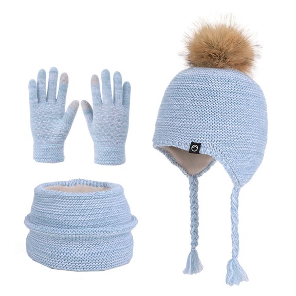 Green 4-10 Years Old Boys And Girls Winter Outdoor Plus Velvet Warm Childrens Ear Protection Knitted Wool Cap Neck Glove Three-Piece Set