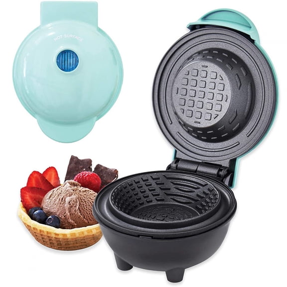 Green 4 Inch Waffle Bowl Maker, Mini Breakfast Waffle Maker with Dust Cover, Non-Stick for Egg Tarts Ice Cream Tacos Bowls
