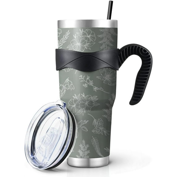 Green 40 Oz Tumbler with Handle and Straw, Aesthetics Floral Leaf Large Stainless Steel Vacuum Insulated Tumbler Coffee Cup Water Bottle Travel Mug,Cute Sage Green Plant Gifts Decor Accessories Stuff