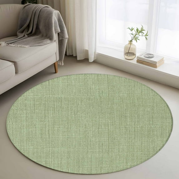 Green 4ft Round Rug, Farmhouse Burlap Solid Green Color Modern Linen Texture Non-Skid Rubber Backing Large Area Rugs - Living Room Bedroom Home Office, Indoor Floor Mat Carpets Washable Rug