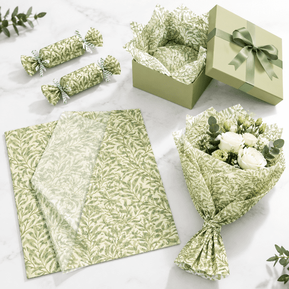 Green 5 20x14 Inch Gift Wrap Tissue Paper with Leaf Design, 50 Count
