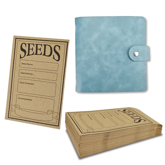 Green 5" PU Seed Organizer Binder with 50 Pockets & Envelope, 3.14" x 4.72" Seed Storage Organizer Sleeves Collecting Template Self-Sealing for Garden Vegetable Planting