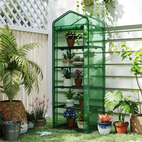 Green 5-Tier Mini Greenhouse with PE Grid Cover Tool-Free Assembly Portable Grow Tent for Indoor Outdoor Use (Balcony Patio Deck)
