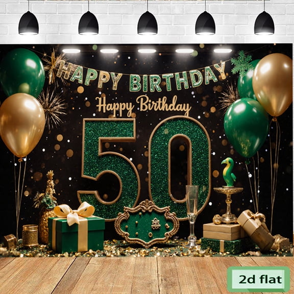 Green 50th Birthday Backdrop Green Golden Balloons Happy 50th Birthday Background Gold Glitter Dots 50 Years Old Birthday Party Decorations Banner Supplies Photo Booth Props