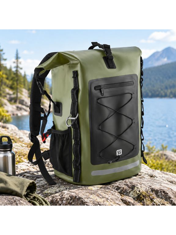 Green 55L Heavy Duty Roll-Top Waterproof Backpacking Backpack for Hiking Camping
