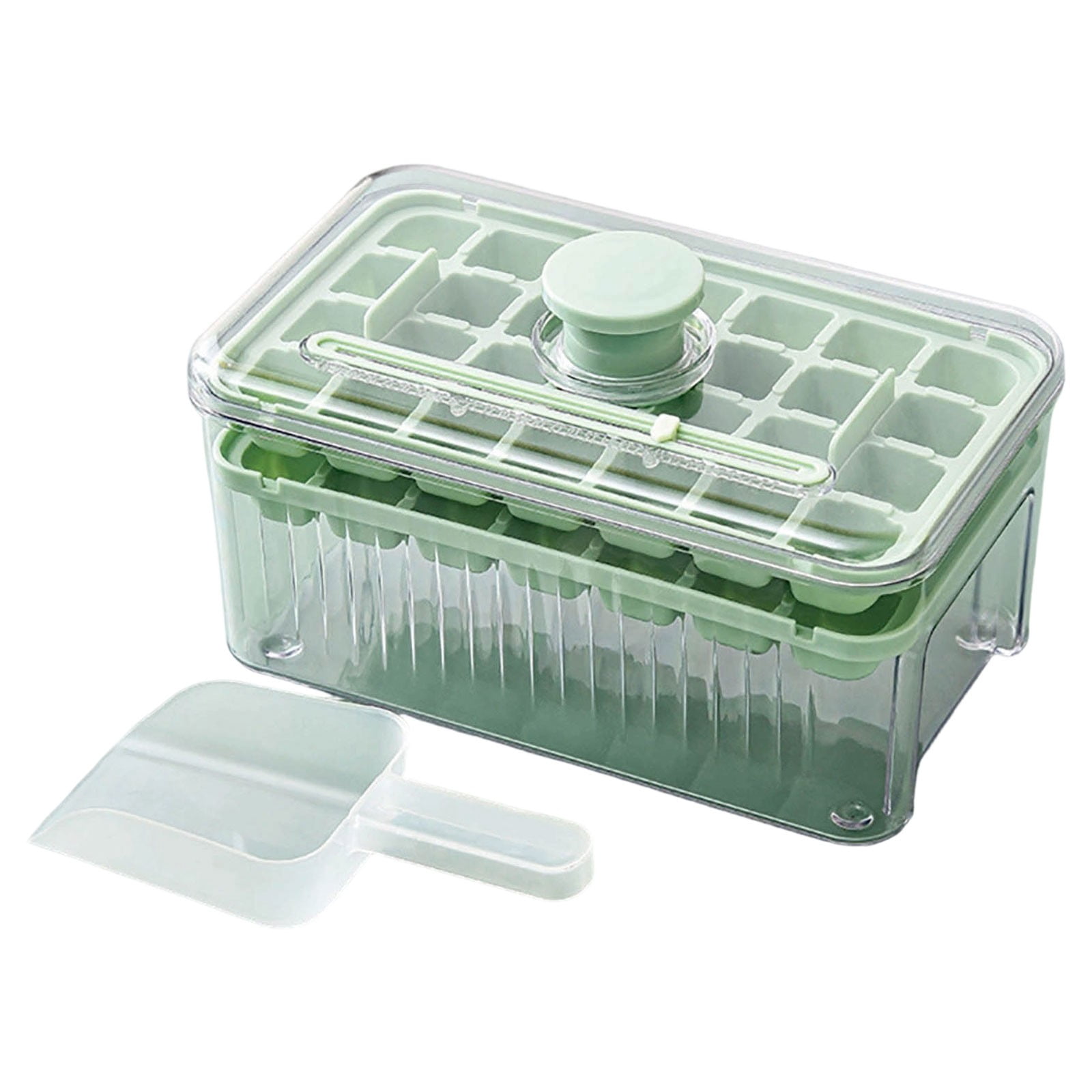 Green 56-Grids Double Layer Ice Cube Tray with Scoop and Bin Press-to-Release Ice Maker Mold for Chilling Beverages Soda Juice 2-Layer
