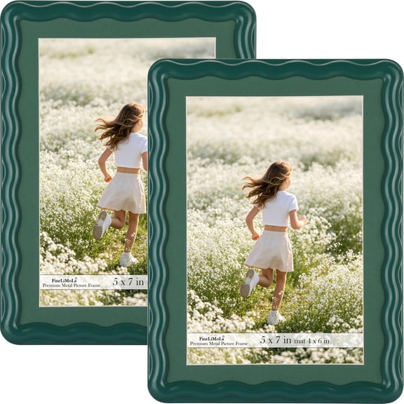 Green 5x7'' Metal Picture Frame Set Of 2 With Acid Free Mat For 4x6'' Advanced Wavy Border Design Real Glpanel Anding Desktop Disp