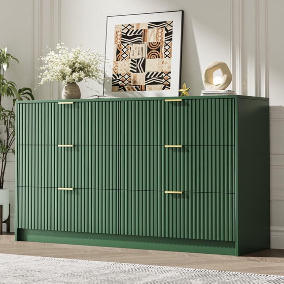 Green 6 Drawer Dresser for Bedroom, 55" Wide Modern Chest of Drawers with Gold Metal Handles, Fluted Wood TV Stand for Living Room, Hallway