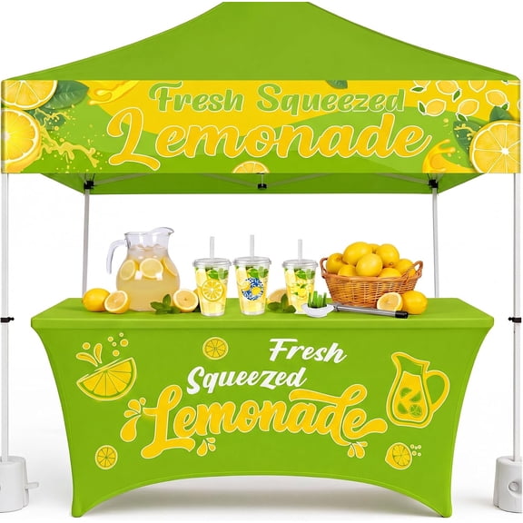 Green 6 ft Lemonade Stand Tablecloth Stretch Spandex Table Cover and 2 x 10 ft Lemonade Sign Vinyl Banner Fresh Squeezed Lemon Stand Supplies Lemon Flag Party Table Cloths