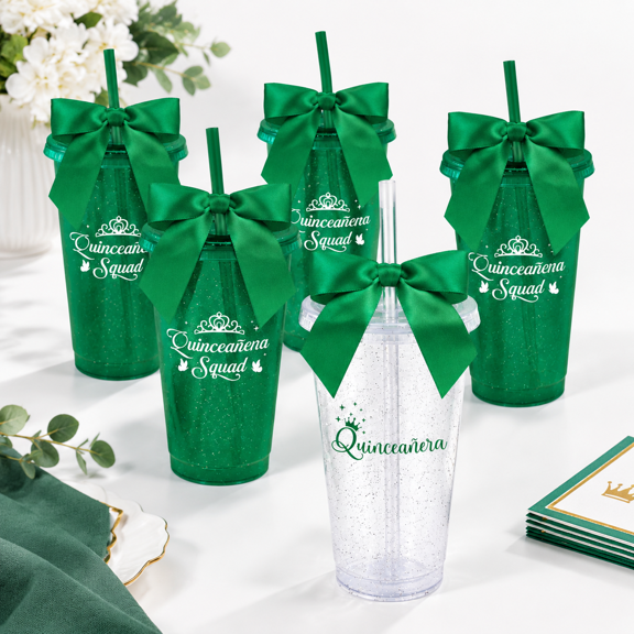 Green 6-pack Quinceanera Party Plastic Tumblers with Lids and Straws