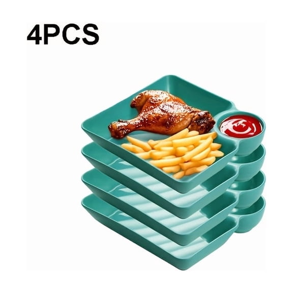 Green-7.36.6 Inch 4pcs Plastic Snack Plates with Built-In Sauce Compartments, Shatter-Resistant PP Tableware, Microwave & Dishwasher Safe for Dumplings, Sushi, Fries & Home Dorm Use