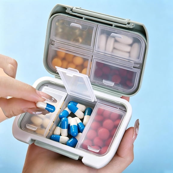 Green 7-Compartment Pill Organizer, Airtight Semi-Transparent Portable Compact Travel Pill Case, Moisture-Proof Double-Layer Crush-Resistant Medication & Small Accessories Storage Box