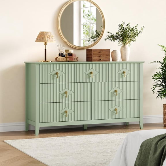 Green 7 Drawer Fluted Wooden Dresser TV Stand 54 Inch Wide Metal Handle Home Storage Chest