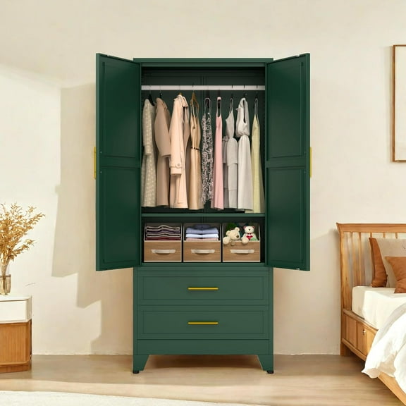 Green 71" Metal Armoire Wardrobe Closet, Bedroom Clothing Storage Cabinet with 2 Drawers and Hanging Rod, Freestanding Armoire Cabinet with Adjustable Shelves