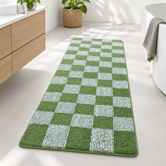 Green 72" x 24" Checkered Non-Slip Microfiber Bathroom Runner Rug