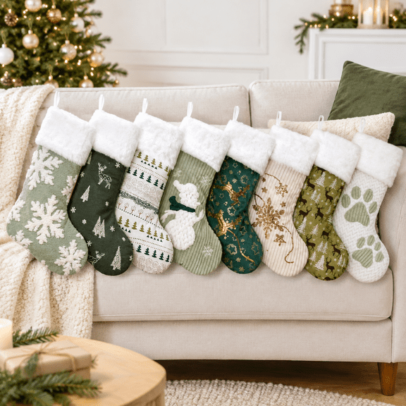 Green 8 Pack Classic Rustic Plush Christmas Stockings with Applique Sequin Embroidery for Holiday Decor