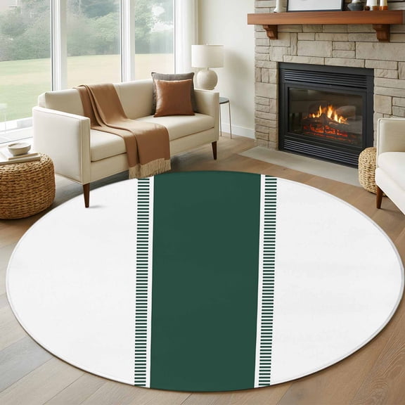 Green 8FT Round Area Rugs for Living Room Stripes Solid Color Ultra-Thin Non-Slip Round Rugs Machine Washable Low Pile Circle Carpet for Bedroom Kitchen Nursery