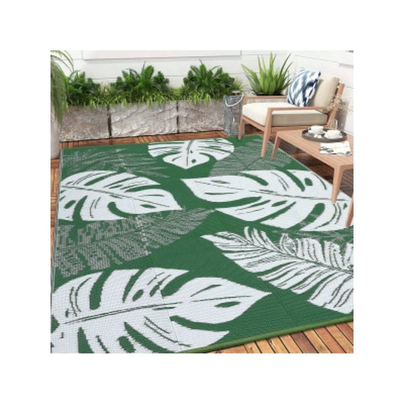 Green 8x10ft Waterproof Outdoor Rug, Plastic Straw Reversible Area Rug, Stain Resistant For Patio Deck Backyard