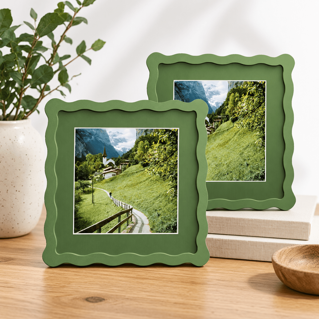 Green 8x8 Wavy Picture Frame with 6x6 Mat, Engineered Wood with Real ...