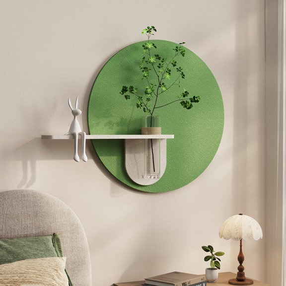 Green-A 24"L x 24"W Sandstone Textured Round Wall Sculpture with Shelf