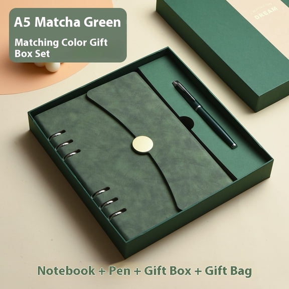 Green A5 Binder 6 Ring Notebook, Refillable Binder, Small Leather Writing Journal with 100 Sheets Paper, Professional Notebook for Office School Supplies, Budget