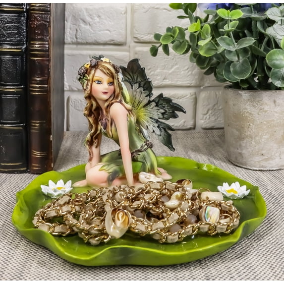 Green Absinthe Fairy Kneeling On Lotus Petal Soap Dish Figurine Jewelry Holder