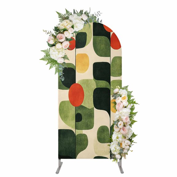 Green Abstract Arch Backdrop Cover 4FT, Middle Century Minimalist Lines Spandex Fitted Stretchy Arch Stand Covers, Round Top Chiara Backdrop Cover for Wedding Party Birthday Baby Shower