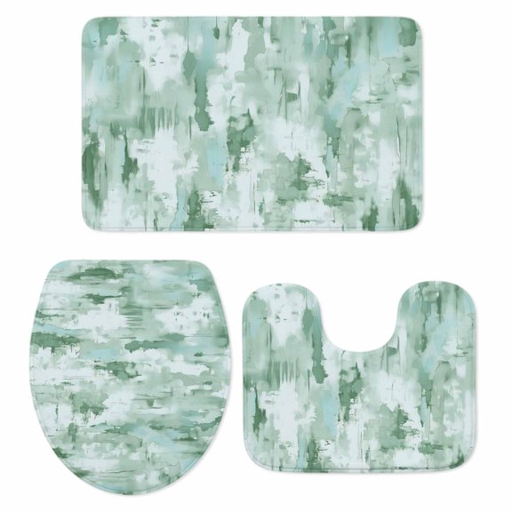 Green Abstract Bath Mat 3 Piece Bathroom Rug Set, Modern Oil Painted Art Contemporary Non Slip Bath Rug Contour Mat and Toilet Lid Cover, Absorbent Shower Mats Soft Bath Rugs and Mats Sets