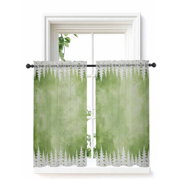 Green Abstract Christmas Sheer Window Curtains 45 Inch Length,Rod Pocket Curtains for Bedroom Living Room Winter Xmas Forest Pine Trees Voile Kitchen Tier Curtains & Drapes 42"x45" 2 Panels