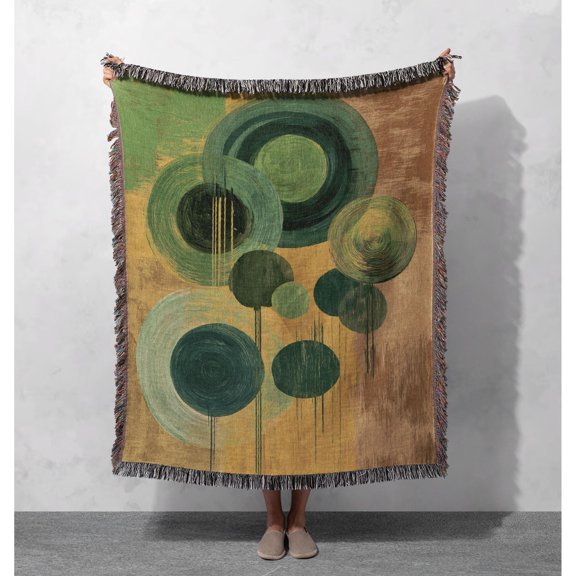 Green Abstract Circle Woven Cotton Throw Blanket, Retro Housewarming Gift