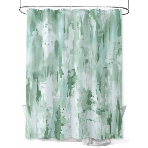 Green Abstract Extra Long Shower Curtain Set, Waterproof Shower Curtains for Bathroom, Modern Oil Painted Art Contemporary Washable Fabric Cloth Bath Curtain for Bathtub with Hooks 72x96 Inches
