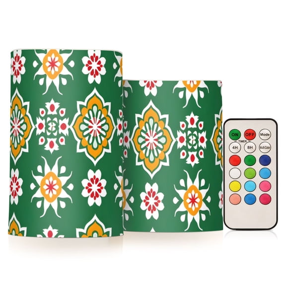 Green Abstract Flower Patterns Flickering Flameless Candles LED Tealight Battery Operated with Remote Set of 2 Holiday Decor Ornaments