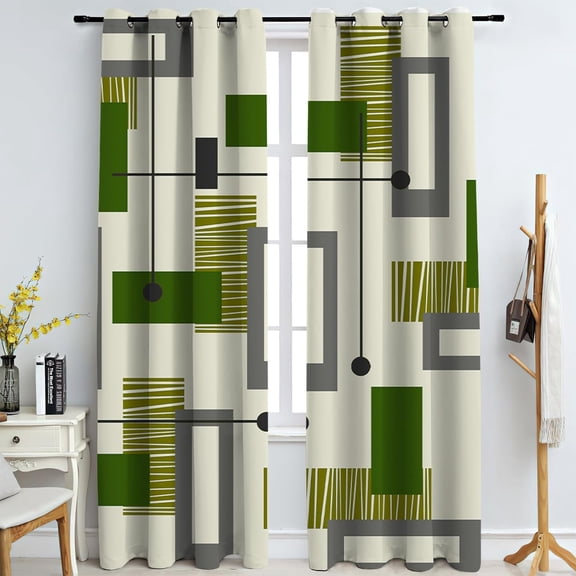 Green Abstract Geometry Blackout Curtains, Bohemian Irregular Color Blocks Window Curtains, 3D Printed Eyelet Darkening Curtains for Bedroom Living Room Cafe Office-42"W x 84"L (Pack of 2)
