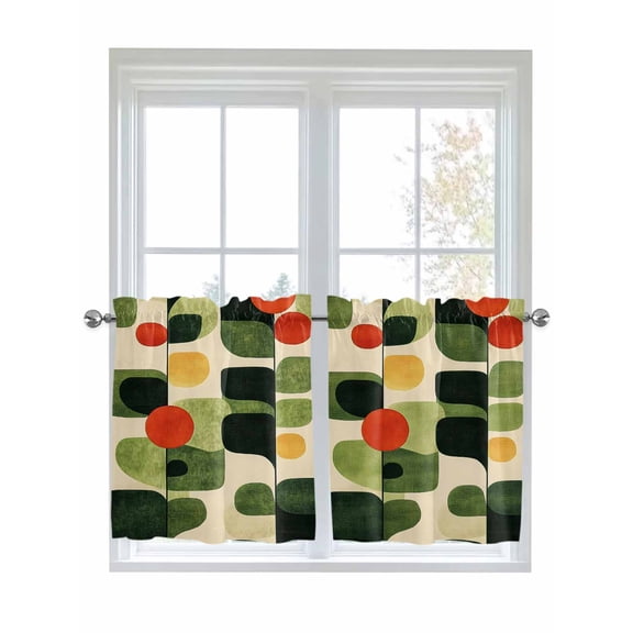 Green Abstract Kitchen Curtains Tier 24 Inch Length, Middle Century Minimalist Lines Rod Pocket Light Filtering Window Curtains Living Room Bedroom Curtain Drapes Cafe Curtain 27.5''x24''x2