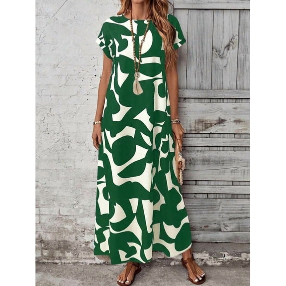 Green Abstract Leaf Print Round Neck Short Sleeve Maxi Casual Dress For Women