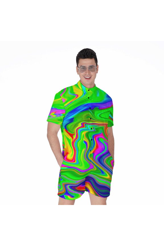 Green Abstract Liquid Trippy Short Sleeve Men'S Rompers Casual Summer Jumpsuits Outfit